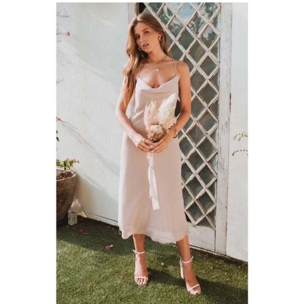 Show me your MUMU Verona cowl midi dress soft beige chiffon slip dress